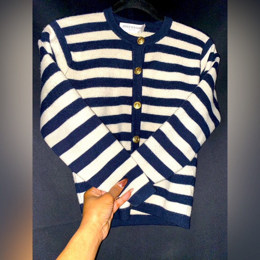 Small petite blue and white striped fitted with gold buttons sweater.